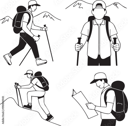 Illustrations of hikers using trekking poles and a map during a journey