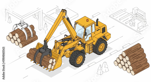 Isometric Illustration of a Yellow Log Loader Tractor Handling Timber in a Forestry Yard