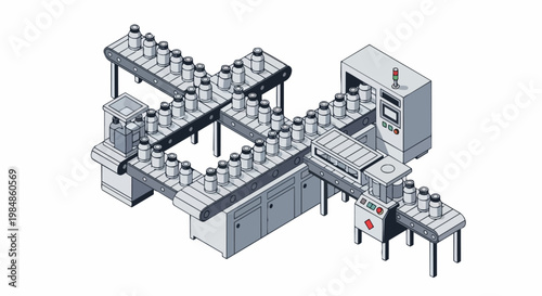 Automated Factory Assembly Line Isometric Illustration. Industrial Conveyor Belt System with Medicine Bottles for Pharmaceutical Manufacturing and Industry 4.0 Concepts.