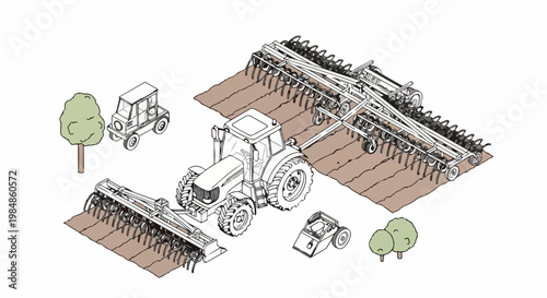 Isometric Agriculture Tractor with Large Seeder and Farming Equipment Illustration