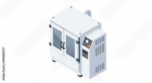 Isometric Industrial Machine Illustration with Digital Control Panel and Glass Doors