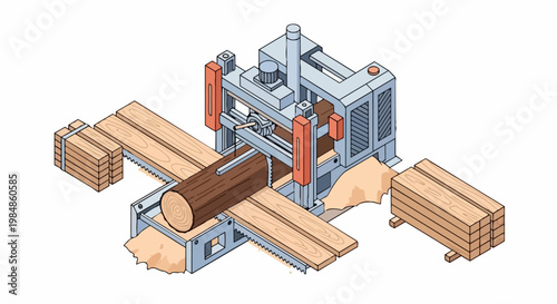 Isometric Sawmill Machine Illustration Processing Wood Log into Timber Planks. Industrial Woodworking Equipment for Lumber Production and Timber Industry Concepts.