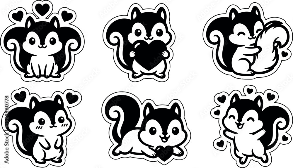 Obraz premium Black and white cute squirrel line art collection with hearts