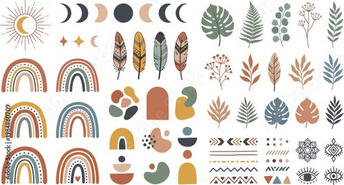 Boho chic vector graphic illustration with bohemian design elements and nature inspired shapes