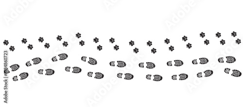 Black icon symbol vector illustration of men's boots footprint next to dog footprints on panoramic background, celebrating dog as human best friend