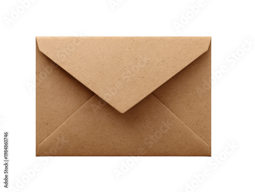 Brown kraft envelope with flap up, isolated on transparent background
