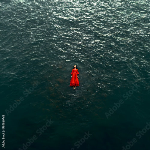 Serene Solitude in Deep Waters: A solitary figure, clad in a vibrant red dress, floats peacefully on the expansive ocean, creating a striking contrast and evoking a sense of calm and introspection.