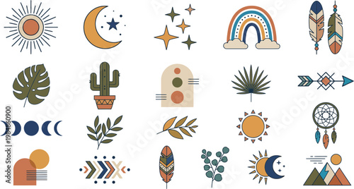 Boho chic vector graphic illustration set featuring dreamcatcher, cactus, rainbow, and celestial elements with leaves and feathers