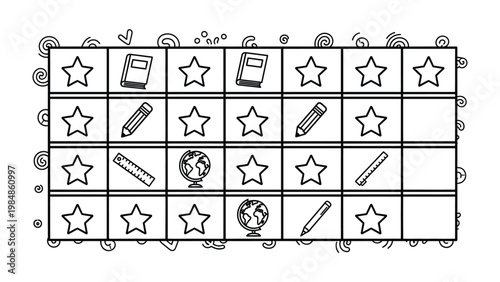 School Supply Grid: A simple grid layout filled with icons representing school supplies, inviting focus and exploration for educational concepts. 