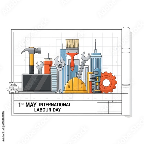 International Labour Day Concept with Construction Tools and City Skyline Blueprint
