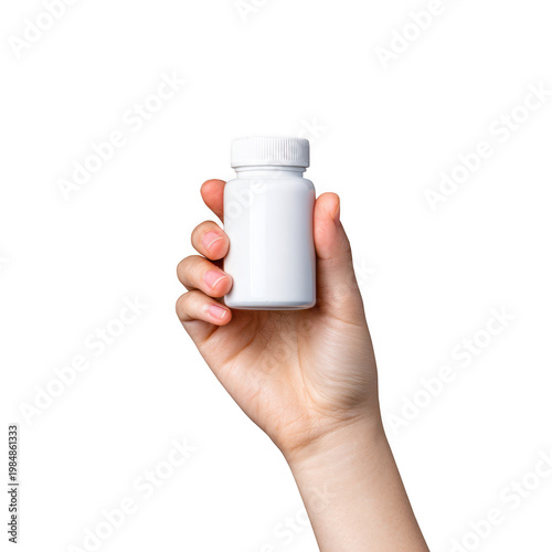 Hand holding a white medicine bottle isolated on transparent background