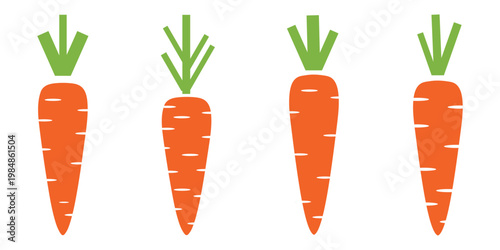 Set of Four Orange Carrots with Green Leaves, Flat Vector Illustration Showing Different Shapes and Sizes Isolated on White and Transparent Background