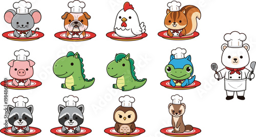 Illustration of Cute Animal Chefs Including Mouse, Dog, Pig, Dinosaur, Owl, and More for Fun, Cooking, and Food Designs