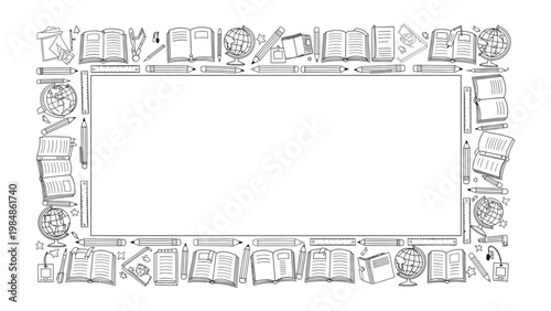 Education Frame: A detailed illustration of various educational elements forming a frame, perfect for highlighting educational content, featuring books, pencils, globes, and other academic essentials.