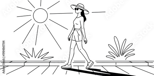 Woman wearing hat and sunglasses walks on sunny day along path with plants and sun in background.