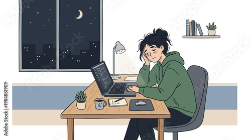 Tired female freelancer working late at night in dark room with laptop