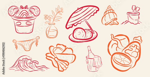 Hand Drawing Editable line art Summer Mediterranean sea doodle set vector illustration, vacation, icon, food, fruits of travel or summer vacation vector design