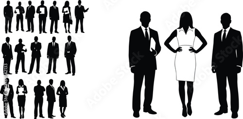 Business people silhouettes collection set, corporate professionals men women office workers standing posing isolated black vector illustration bundle pack