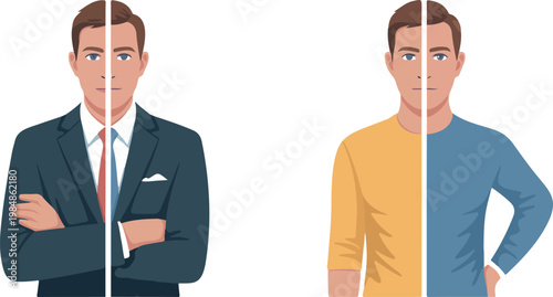 Collage of two halves of male face showing different clothing styles, representing work-life balance.
