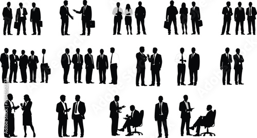 Business people silhouettes bundle, corporate team, office professionals, meeting discussion, communication, standing, walking, talking, executives, managers, isolated black vector collection
