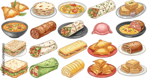 Comprehensive collection of Indian and Middle Eastern street food vector illustrations featuring samosas wraps flatbreads and savory snacks isolated on white background.