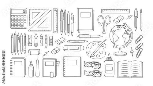 Essentials Collection: A curated collection of essential stationery items, perfect for studies, office work, or artistic endeavors, meticulously arranged and presented with a clean.