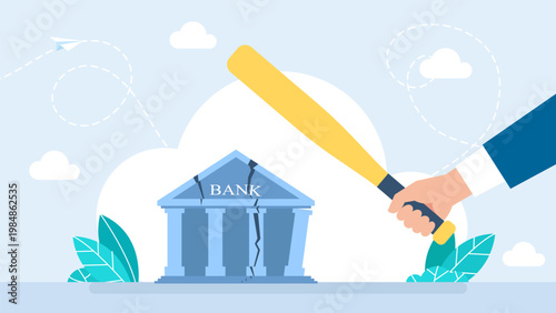 Aggressive businessman holding a baseball bat near a cracked bank building, representing financial crisis, stock market crash, bank failure and economic protest concept. Vector illustration.