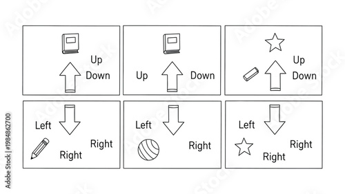 Directional Learning: A series of educational diagrams illustrating directional concepts, employing simple illustrations and clear labels to guide understanding of spatial orientation.