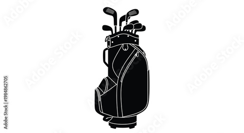 A silhouette of a golf bag with clubs presented on a white background