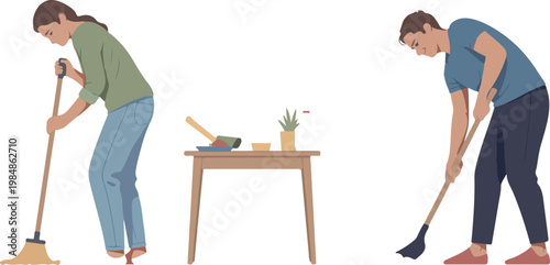 Couple cleaning house together with broom and dustpan in modern living room flat vector illustration concept.