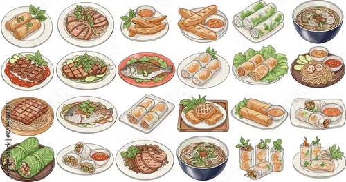 Large collection of Vietnamese food vector illustrations including spring rolls pho noodle soup grilled meat and fish dishes isolated on white.