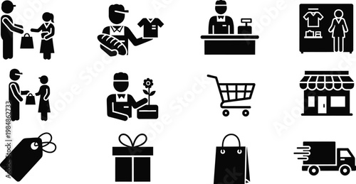 Retail and shopping icons depicting customer service products store elements with shopping bag