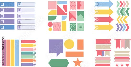 Large collection of colorful flat vector office and stationery elements including arrows ribbons labels and sticky notes for planning and organization isolated on white.