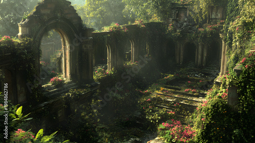 Enchanted Ruins: The crumbling remains of an ancient structure are slowly reclaimed by the tenacious embrace of nature. The stone arches and walls, now draped with vibrant green foliage.