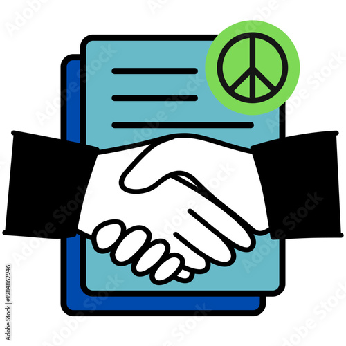 Peace Agreement Handshake with Document Icon in Flat Line Style