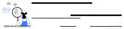 Finance management, investment analysis, data transparency, decision-making, economy, professional services. Person holding magnifying glass over financial symbols. Finance management and investment