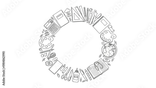 Education Essentials Circle: A curated arrangement of educational and artistic tools, meticulously crafted in a circular design to symbolize the cycle of learning and creative exploration. 