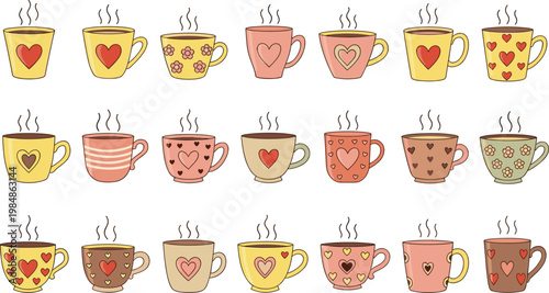 Large Vector Set Of Hot Coffee Cups With Heart Patterns And Steaming Drinks For Valentine Day Romantic Cafe Graphic Design