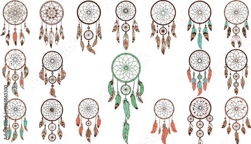 Large Decorative Dreamcatcher Vector Set Featuring Ethnic Bohemian Tribal Patterns With Colorful Feathers For Spiritual Mystical Home Decor Designs