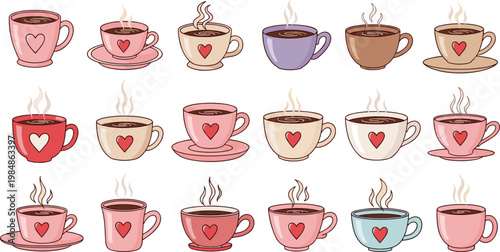 Vector Set Of Hot Coffee And Tea Cups With Heart Designs Steaming Drinks For Valentine Day Romantic Cafe Illustration
