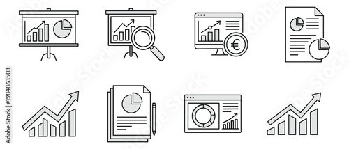 Business data analysis and financial report icons set charts, graphs and statistics symbols