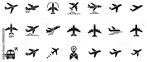Set of airplane icons aviation symbols for flight, takeoff, landing and airport transport