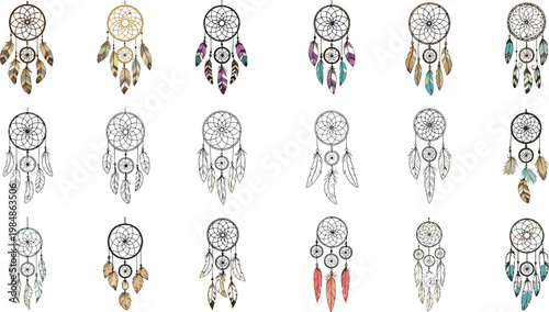 Large Collection Of Hand Drawn Bohemian Dreamcatcher Vectors With Colorful Feathers And Intricate Web Designs For Spiritual Decor
