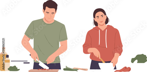 Couple preparing food together in kitchen, chopping vegetables, cooking dinner, healthy lifestyle.