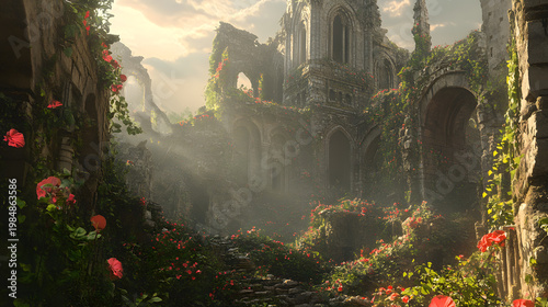 Forgotten Palace: Majestic stone ruins, reclaimed by nature, stand bathed in a ethereal light, their weathered structures narrating tales of the ages past.