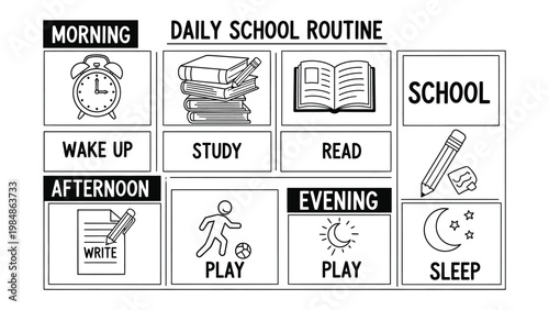 Daily School Routine: A visual representation of a child's school day, illustrating the various activities and transitions of morning, afternoon, and evening.