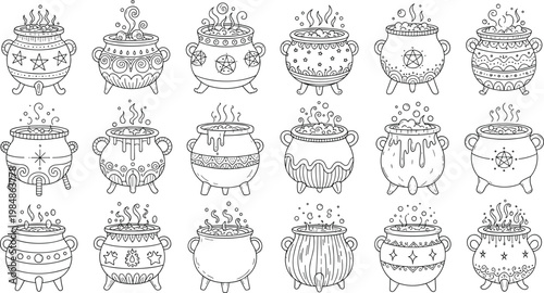 Large collection of hand drawn witch cauldron vector illustrations with bubbles stars and magical symbols for Halloween and spooky designs.