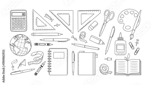 Study Supplies Collection: A curated arrangement of essential study supplies, meticulously illustrated with clean lines and perfect for educational projects and stationery design.