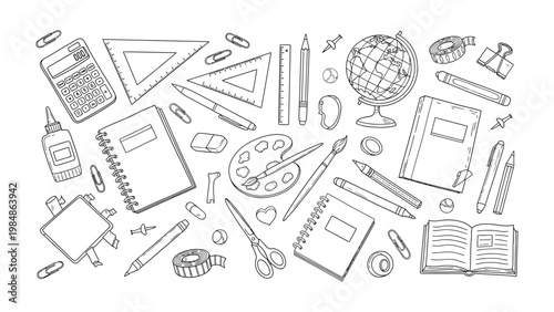 Sketch of School Supplies: An assortment of school supplies is arranged, ready for learning and creative endeavors, including pencils, a globe, notebooks, and scissors.