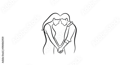 Embracing couple in a tender moment minimalist line art silhouette on transparent background